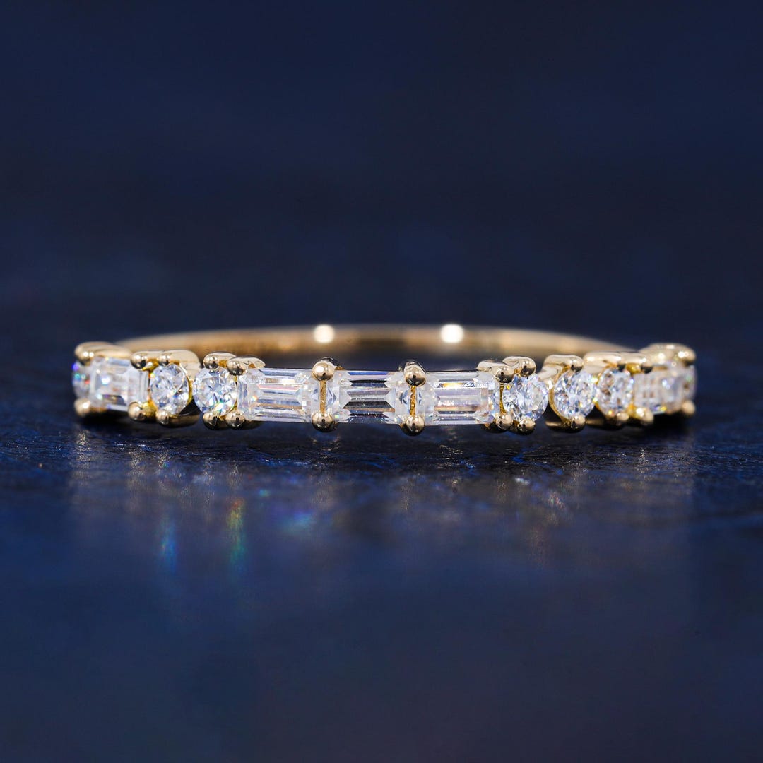 14K Gold Baguette and Round Cut Diamond Wedding Band Half Eternity ...