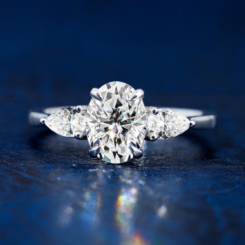 14K Oval Cut Moissanite Three Stone Engagement Ring Three Stones ...