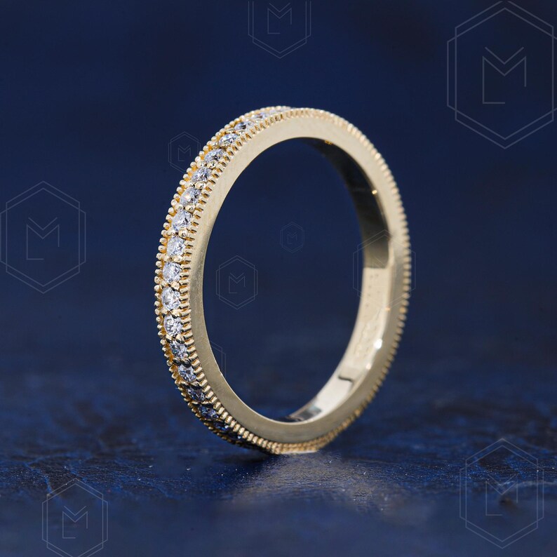 14K Solid Gold Moissanite Wedding Band Milgrain Full Eternity Band ...