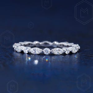 2 MM Alternating Round and Marquise Moissanite Wedding Band Womens Full Eternity Moissanite Wedding Band Solid 14K White Gold Promise Ring