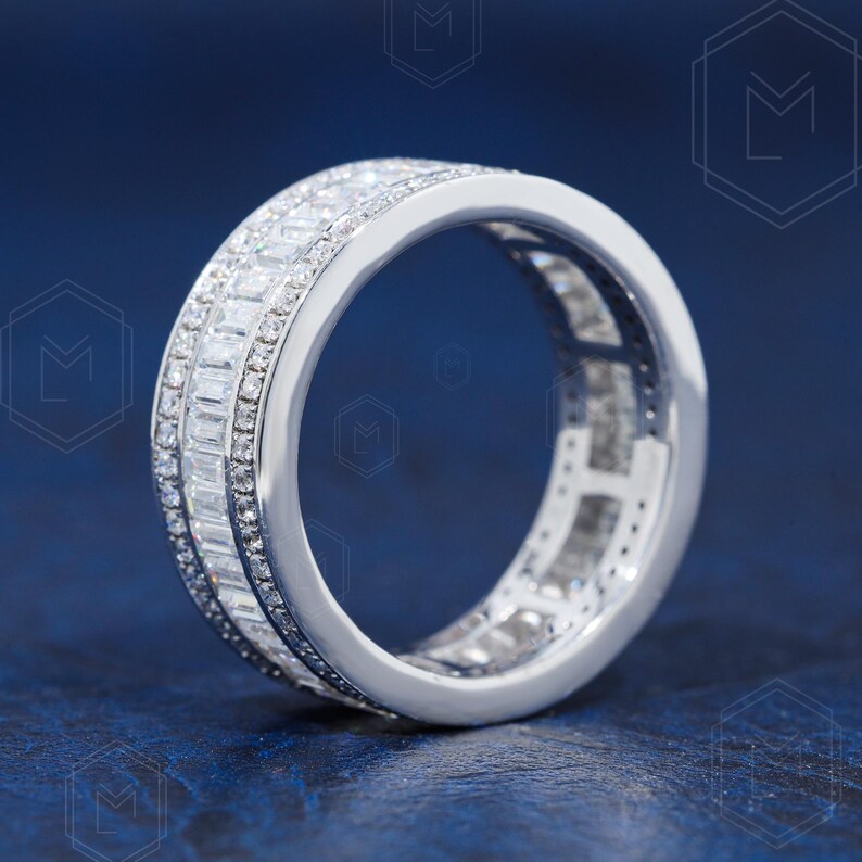 Baguette and Round Cut Moissanite Wedding Band Full Eternity Baguette ...