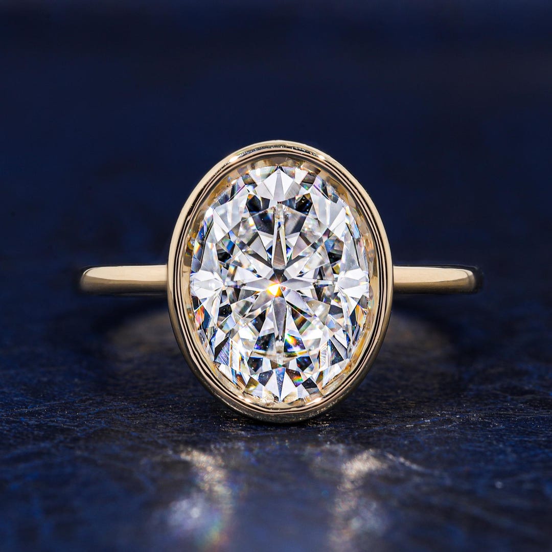 14k Solid Gold Oval Cut Moissanite Ring Bezel Set Engagement Ring 4.25 ...