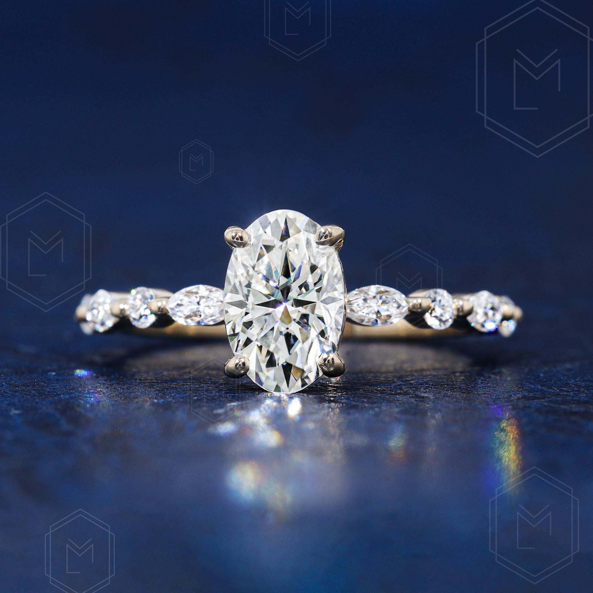 1.5 CT Oval Cut Moissanite Engagement Ring Marquise & Round Brilliant Cut Diamond Ring Bridal Ring Oval Cut Anniversary Promise Ring For Her