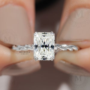 1.5 CT Radiant Cut Moissanite Ring Radiant Engagement Ring Bridal Twisted Band Wedding Ring Classic Prongs Ring Hidden Halo Bridal Ring