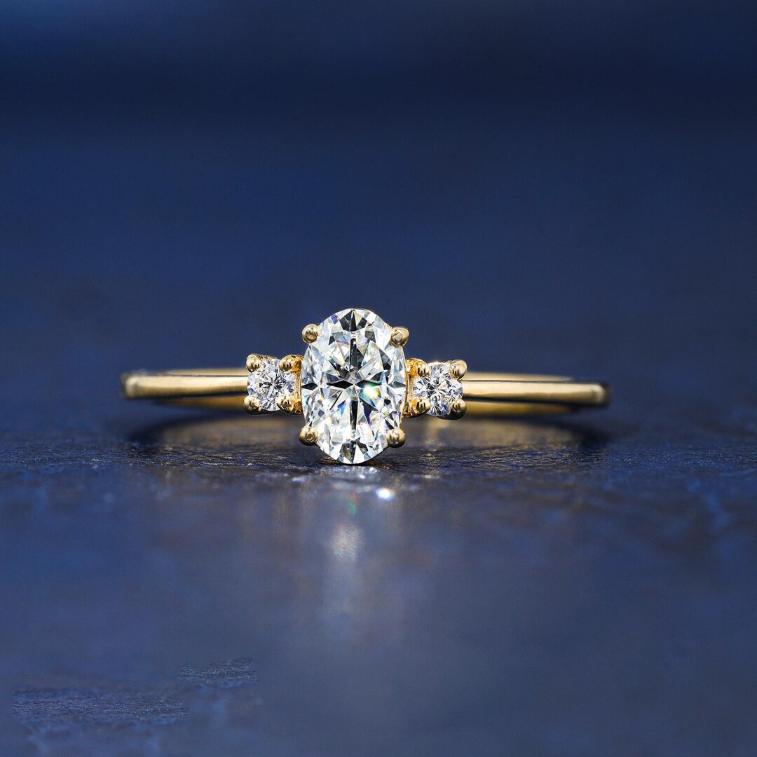 Three Stone Oval Moissanite Engagement Ring in 14k Solid Gold 0.5 CT ...