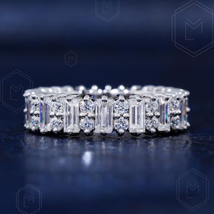 Baguette And Round Cut Moissanite Wedding Band Full Eternity Baguette Cut Wedding Band Unique Stacking Ring Wedding Anniversary Gift