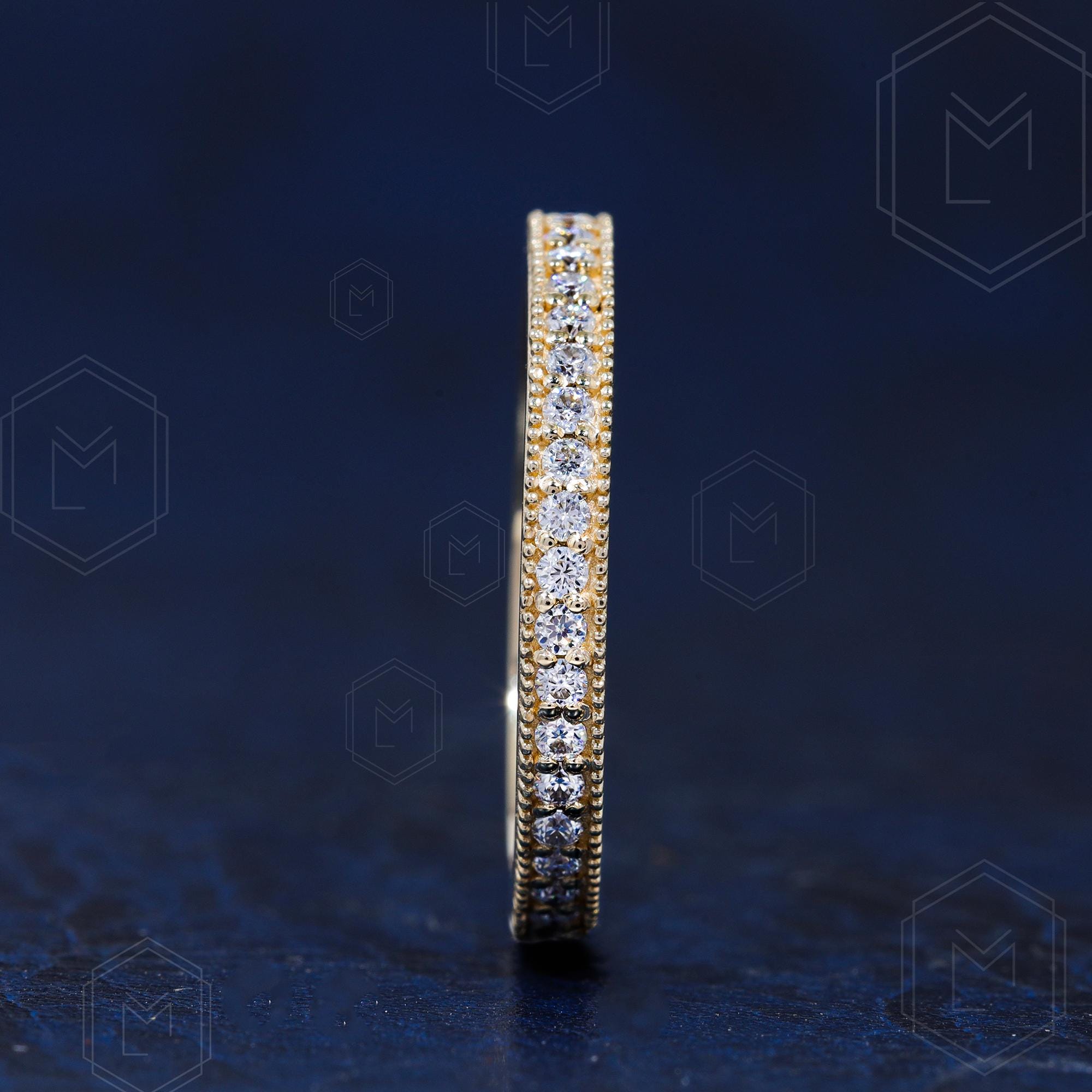14K Solid Gold Moissanite Wedding Band Milgrain Full Eternity Band ...