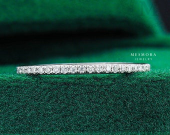 1MM Micro Pave Eternity Band Moissanite Diamond Wedding Band in 14k White Gold Micro Pave Wedding Ring Full Eternity Ring Gift For Her