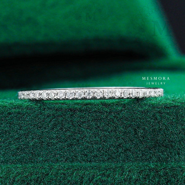 1MM Micro Pave Eternity Band Moissanite Diamond Wedding Band in 14k White Gold Micro Pave Wedding Ring Full Eternity Ring Gift For Her