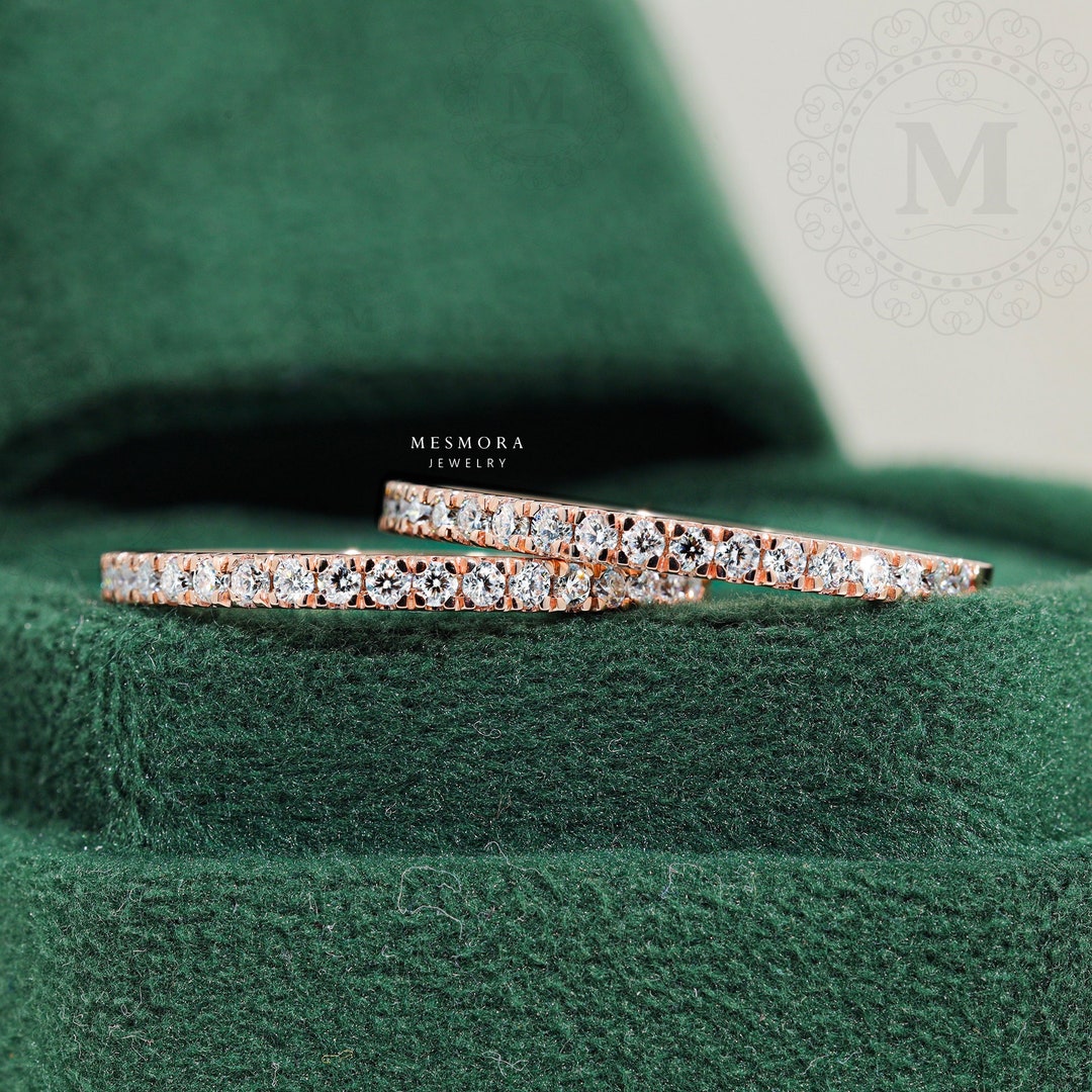 14k Solid Gold Half Eternity Band Round Cut Moissanite Wedding Ring ...