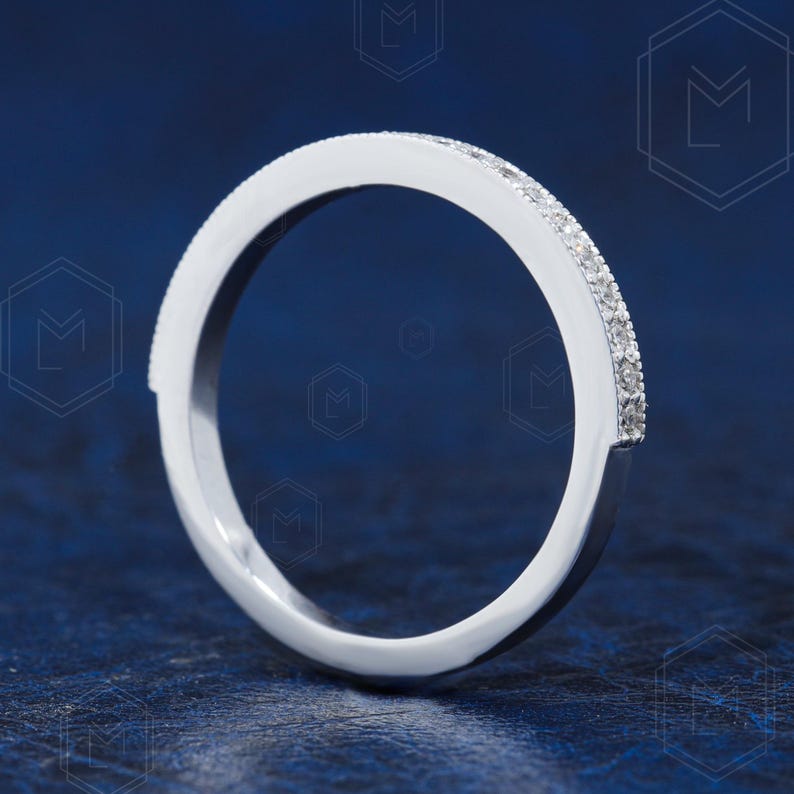 14K Gold Moissanite Half Eternity Wedding Band, Milgrain Stacking Ring ...