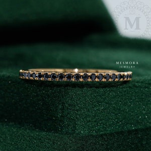 1.2mm Black Moissanite Wedding Band Half Eternity Engagement Matching Band Minimalist Black Stone Ring Solid Gold Moissanite Stacking Band