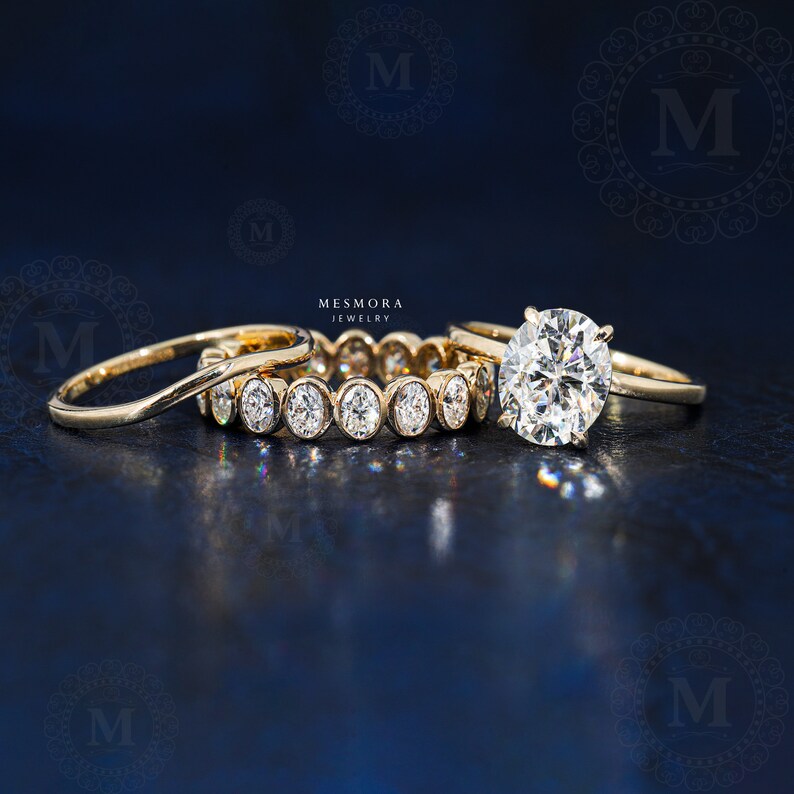 Oval Cut Moissanite Engagement Ring Set Vintage Yellow Gold Bridal Ring ...