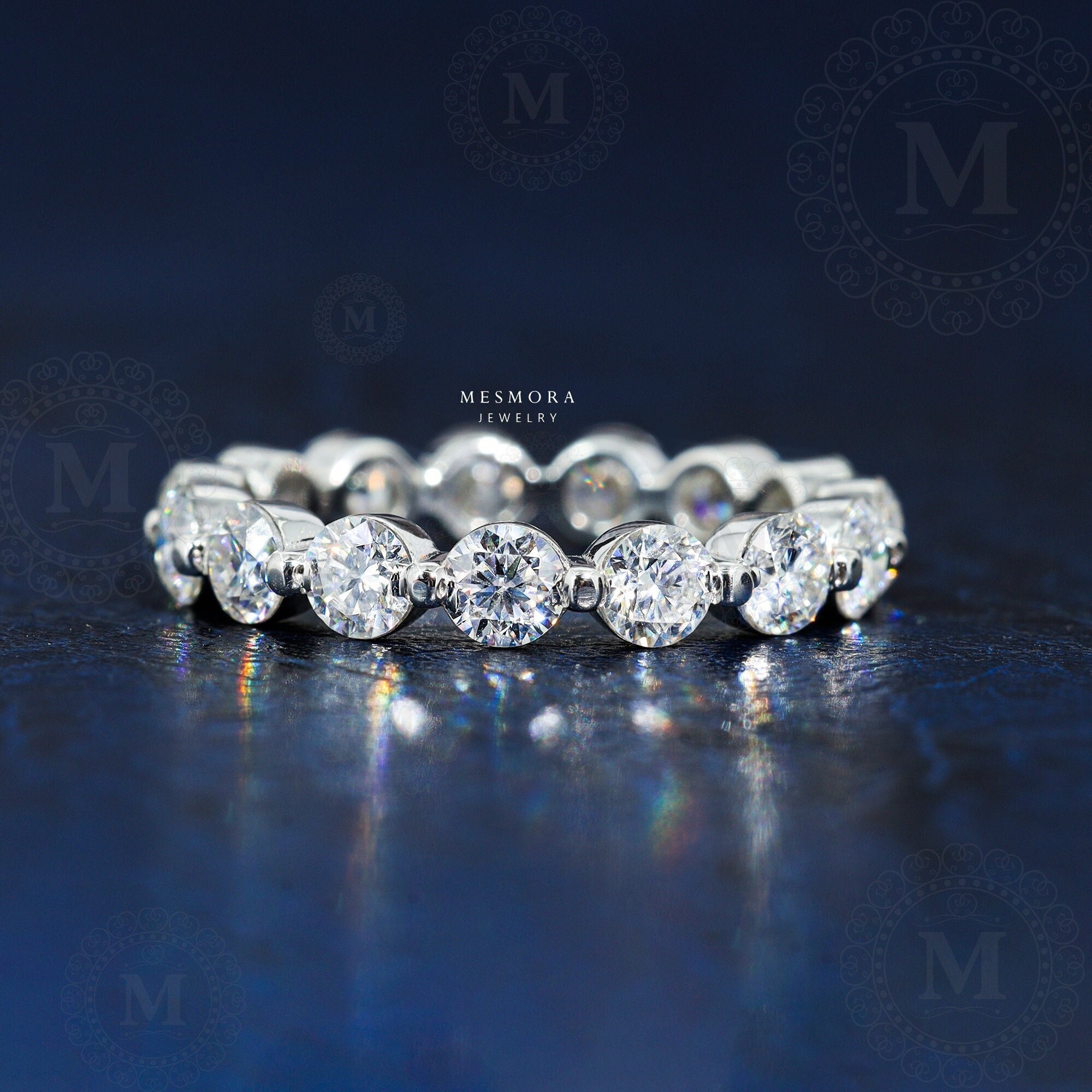 Round Cut Moissanite Band Stackable Band With Solitaire Wedding Band Full Eternity Bridal Matching Band Bubble Prong Set Anniversary Band