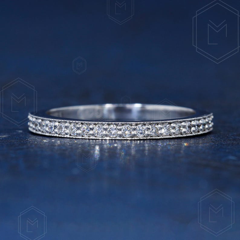 14K Gold Moissanite Half Eternity Wedding Band, Milgrain Stacking Ring ...