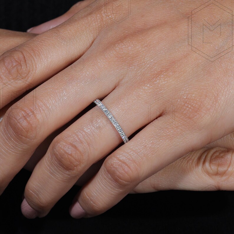 14K Gold Moissanite Half Eternity Wedding Band, Milgrain Stacking Ring ...