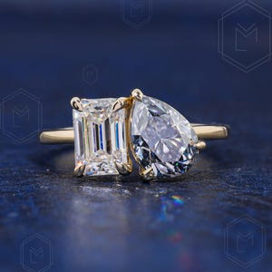 14k Solid Gold Toi Et Moi Engagement Ring Pear and Emerald Cut Moissanite Two Stone Wedding Ring Double Stone Anniversary Ring For Wife