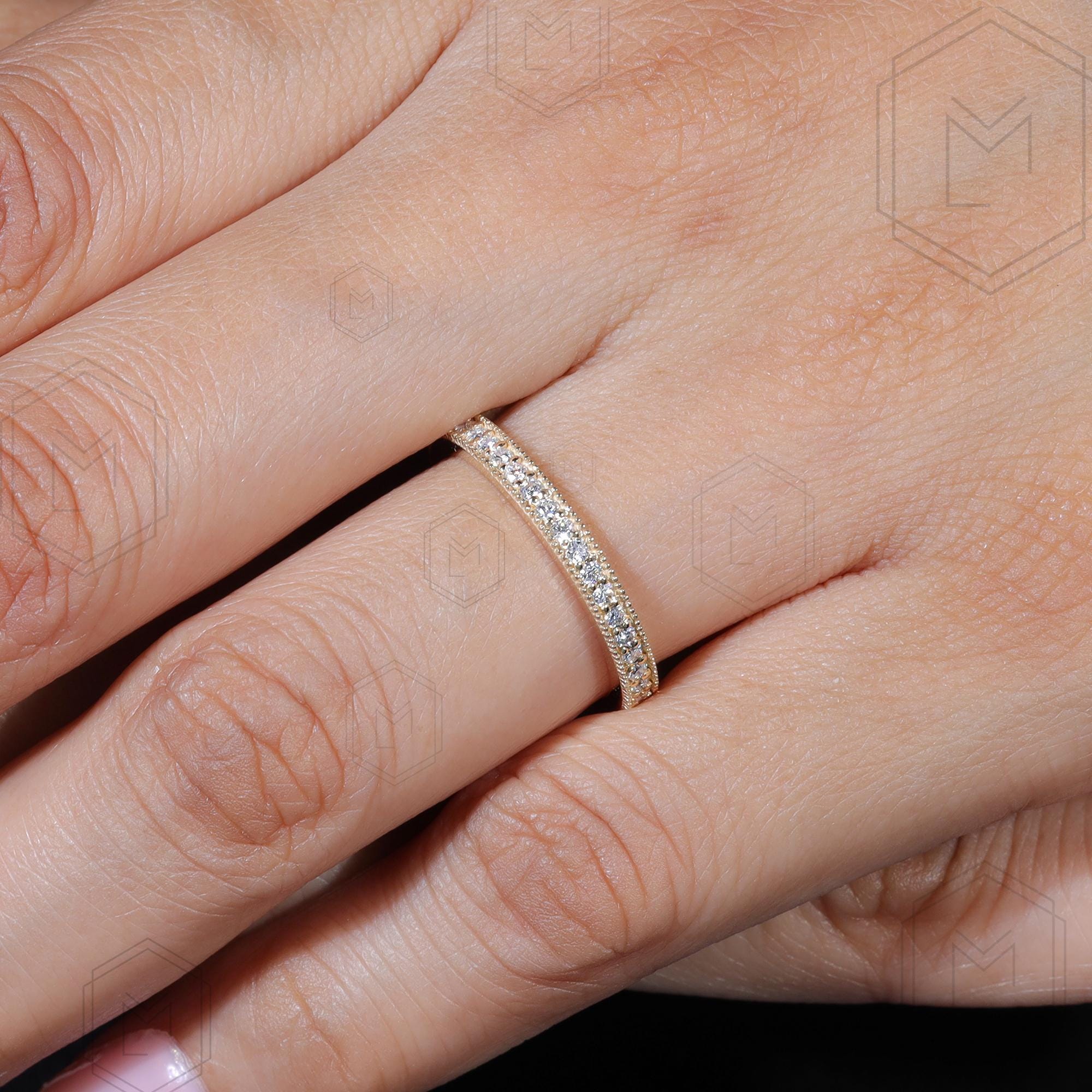 14K Solid Gold Moissanite Wedding Band Milgrain Full Eternity Band ...