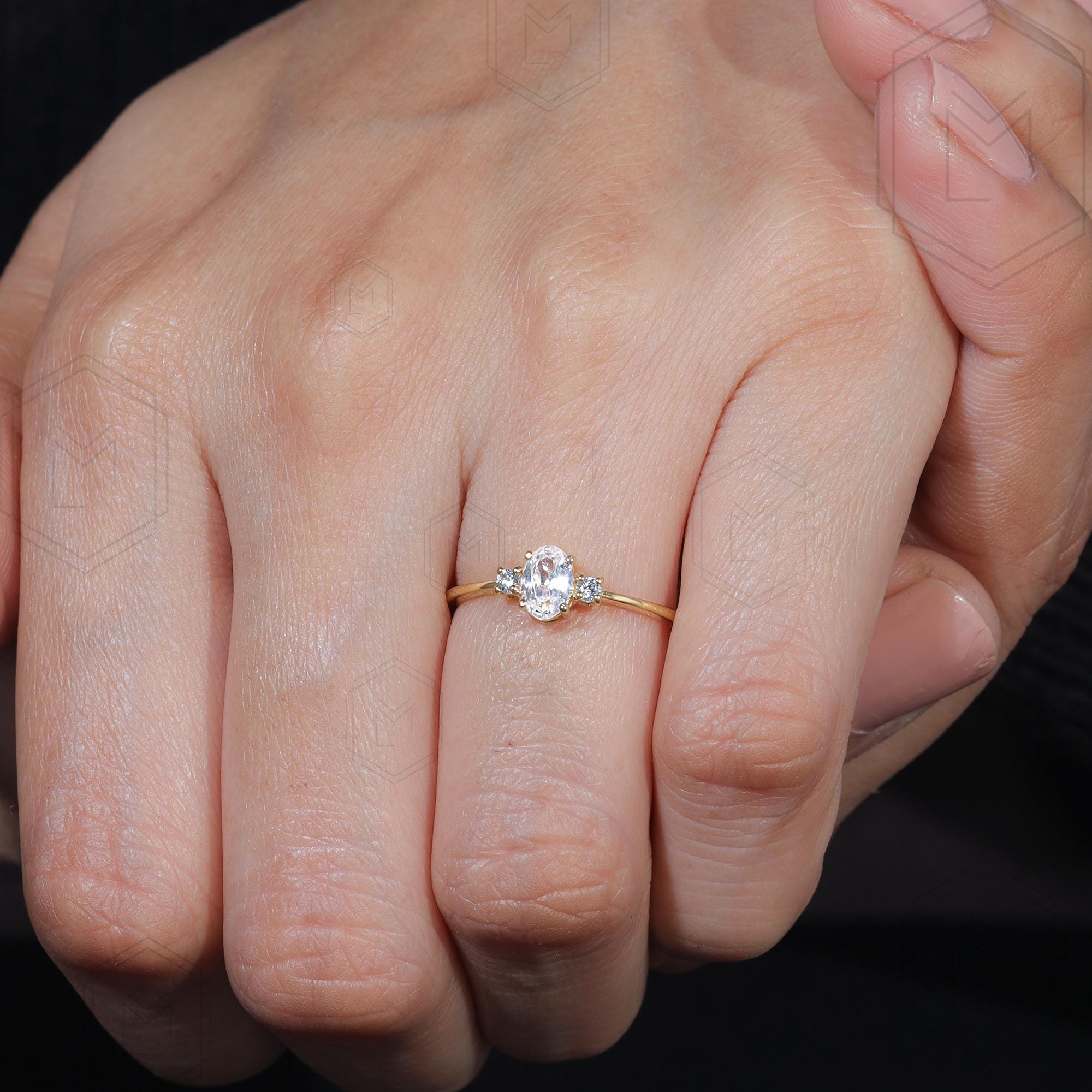 Three Stone Oval Moissanite Engagement Ring in 14k Solid Gold 0.5 CT ...