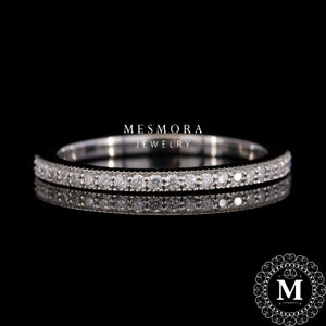 Round Cut Moissanite Engagement Band Promise Band Milgrain Thin Half Eternity Wedding Band 14K White Gold Band Dainty Stacking Matching Band