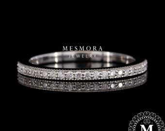 Round Cut Moissanite Engagement Band Promise Band Milgrain Thin Half Eternity Wedding Band 14K White Gold Band Dainty Stacking Matching Band