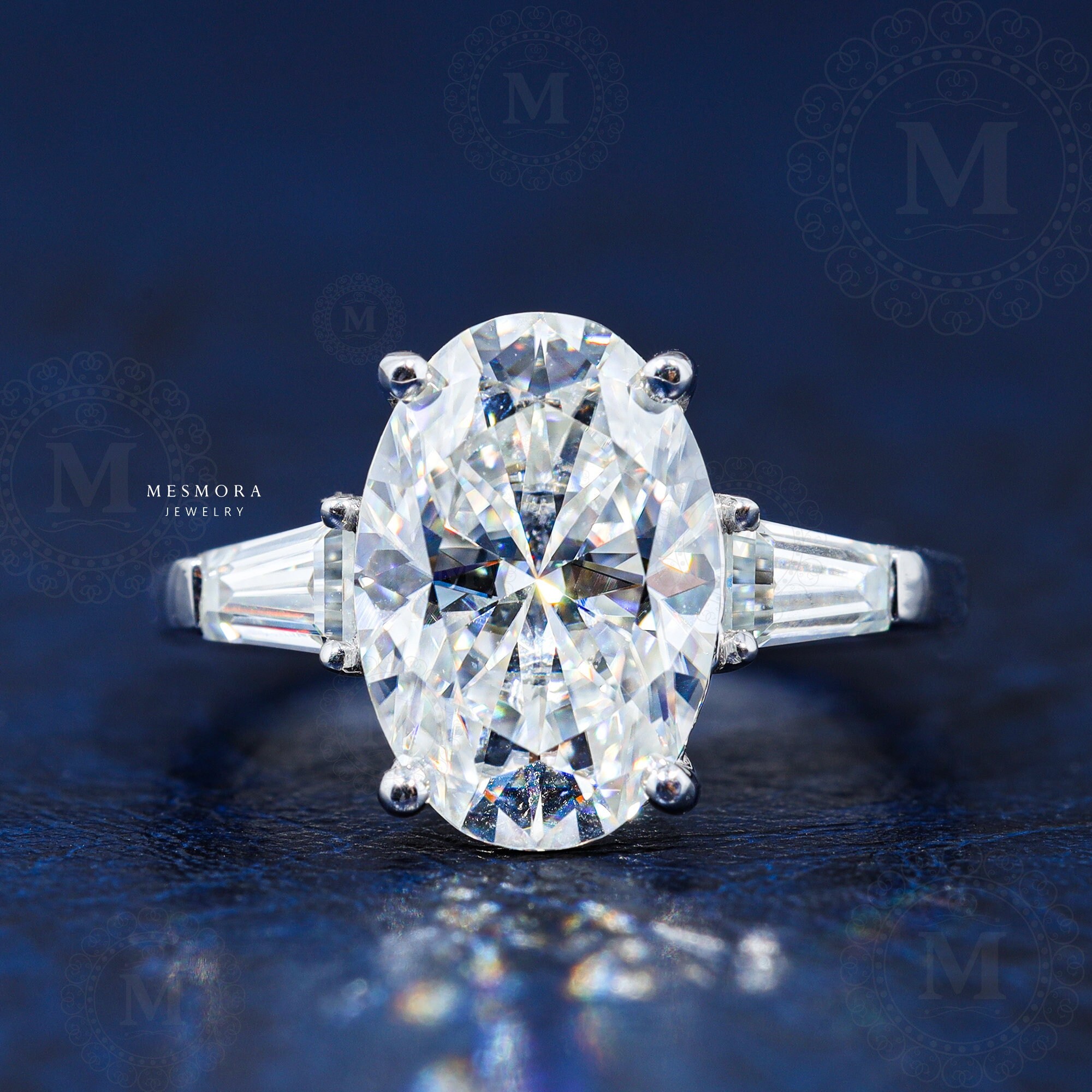 5 Ct Emerald Cut And Moonstone Moissanite Engagement Ring, Three Stone Wedding Ring, Anniversary Ring, Trilogy Promise Proposal Ring