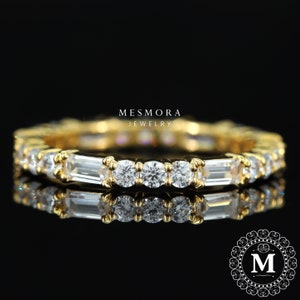 14K Solid Gold Baguette und runde farblose Moissanite Ehering Volle Ewigkeit Stapeln Band Moissanite Runde Baguette Ring zierlicher Ring