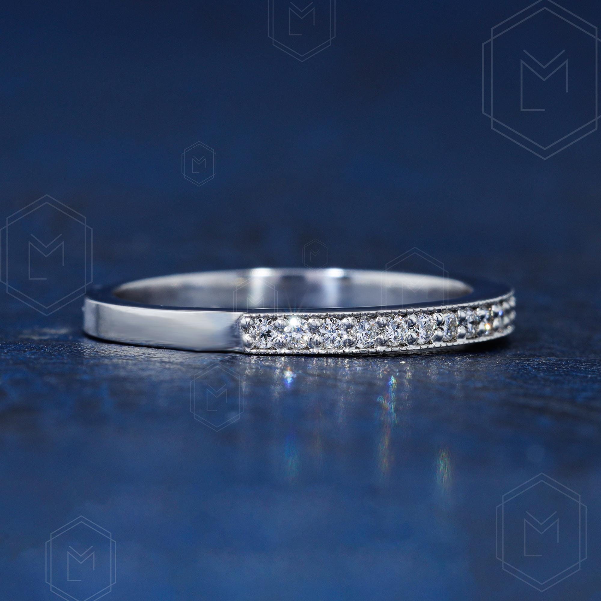 14K Gold Moissanite Half Eternity Wedding Band, Milgrain Stacking Ring ...