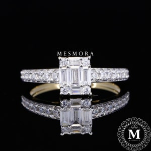 Baguette And Round Moissanite Engagement Ring Half Eternity Wedding Ring Fancy Ring For Women 14K Solid Gold Ring Delicate Prong Set Ring