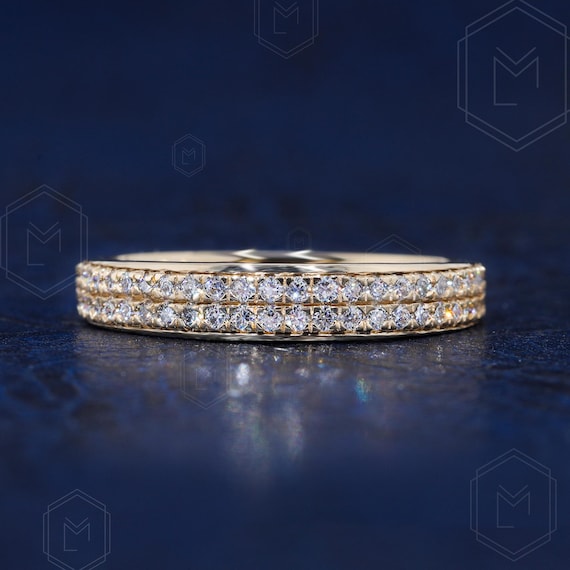 Half Eternity Diamond Wedding Ring 14k Gold Double Row Micro Pave