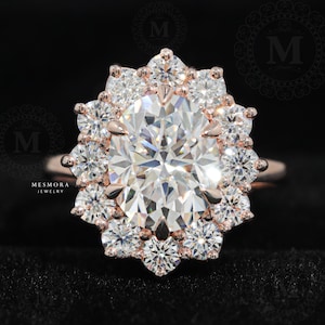 Oval-Cut Star Burst Halo Solid Gold Engagement Ring Oval and Round Cut Moissanite Diamond 14K Rose Gold Vintage Style Halo Wedding Ring Gift