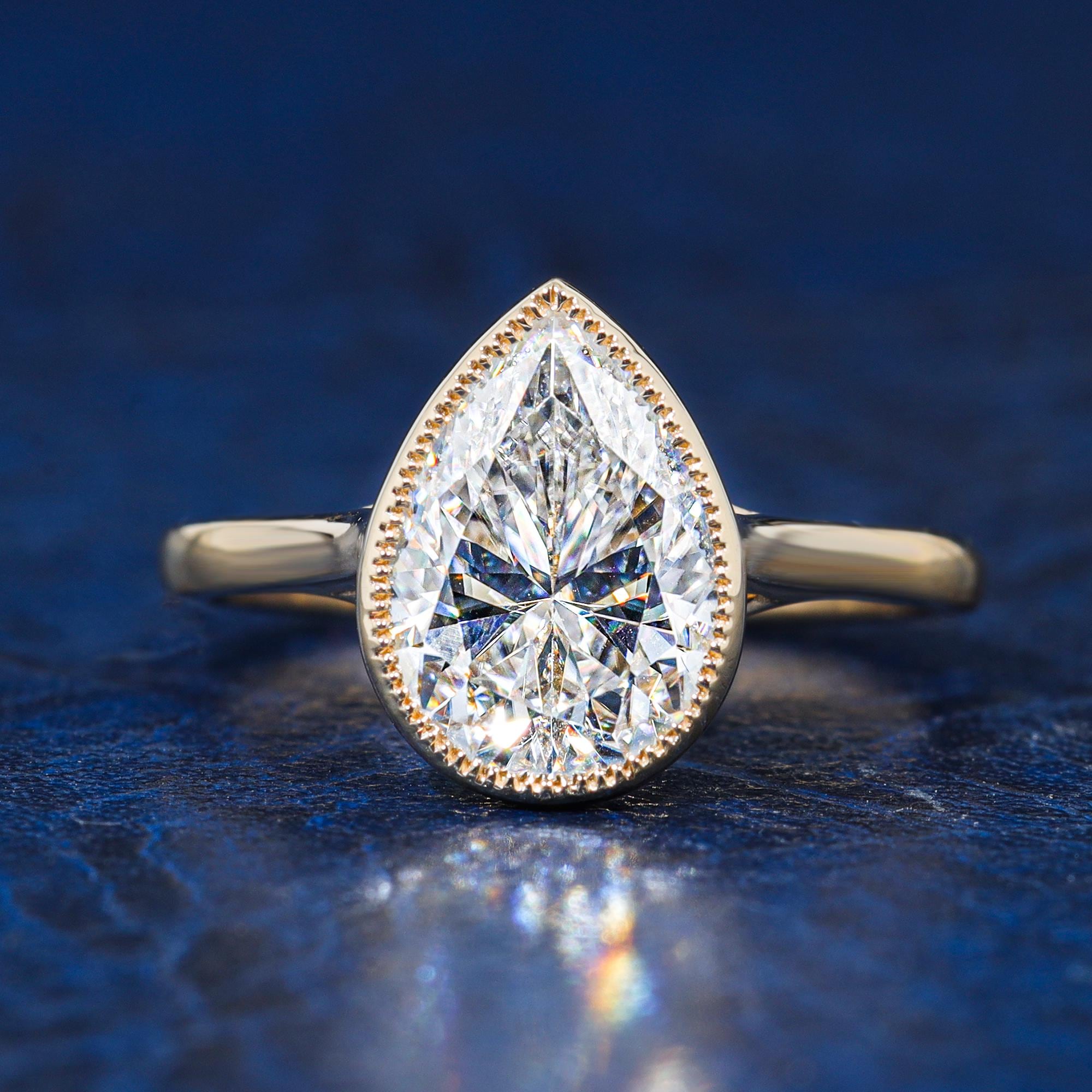 Pear Cut Bezel Setting Engagement Ring 14K Solid Gold 2.0 CT Pear Shape ...
