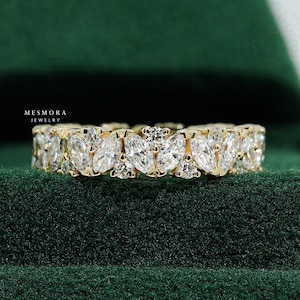4 MM Full Eternity White Gold Band Marquise & Round Cut Moissanite Diamond Wedding Band Anniversary Band Wedding Gifts Matching Band for Her