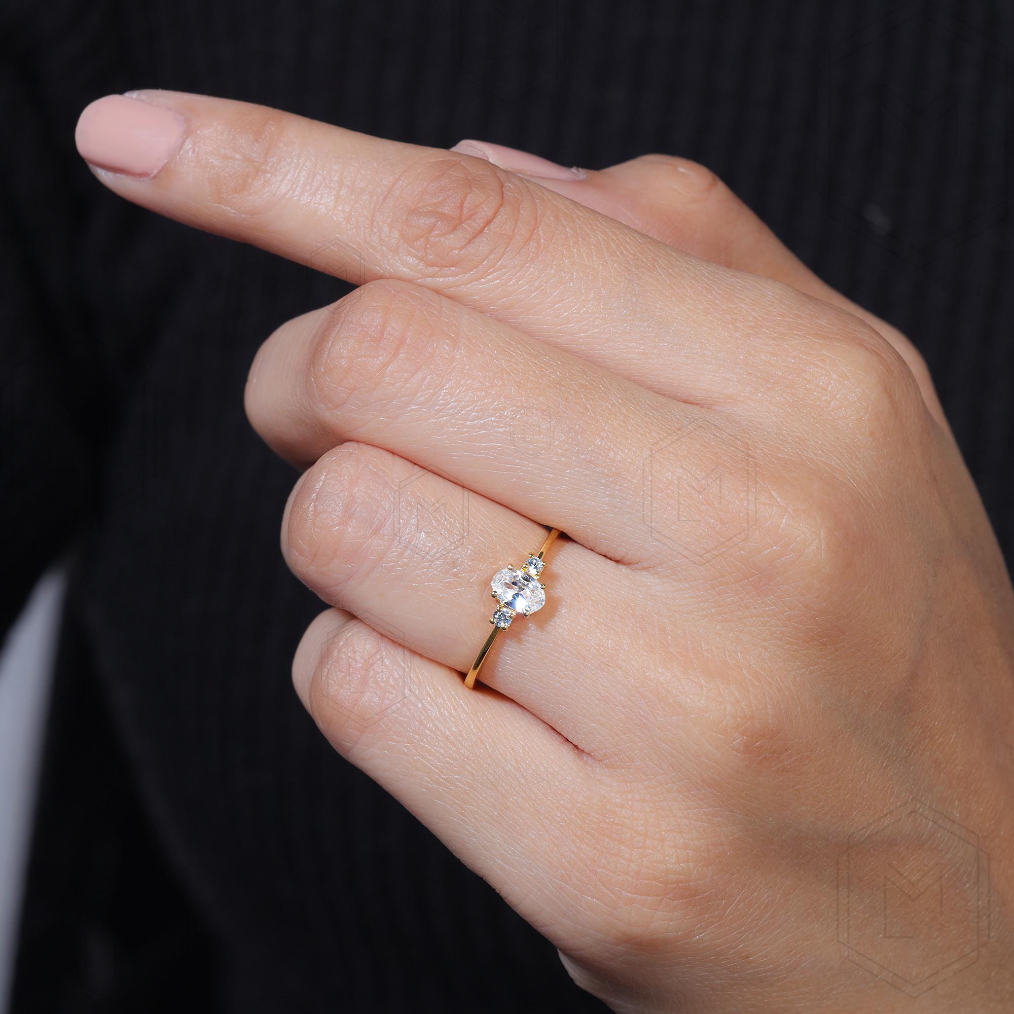 Three Stone Oval Moissanite Engagement Ring in 14k Solid Gold 0.5 CT ...