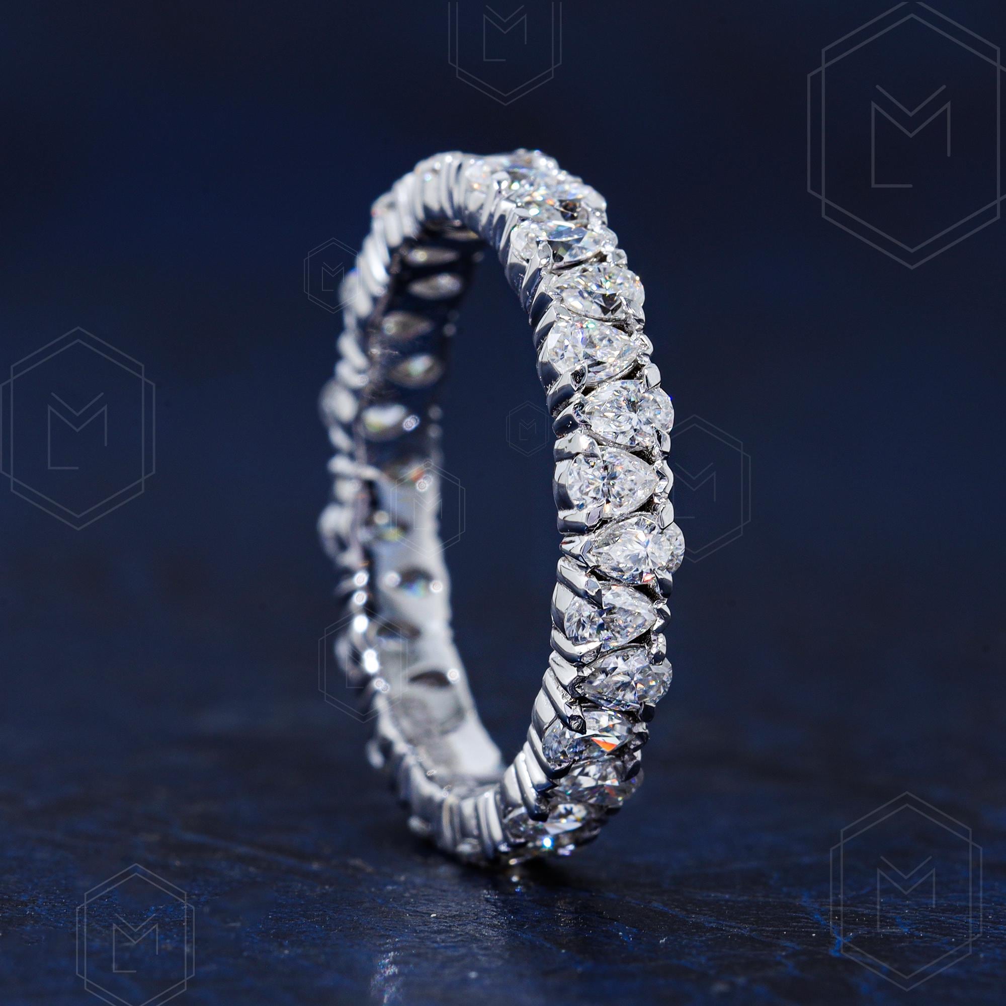 Pear Cut Moissanite Wedding Band Women Yellow Gold Unique Full Eternity ...
