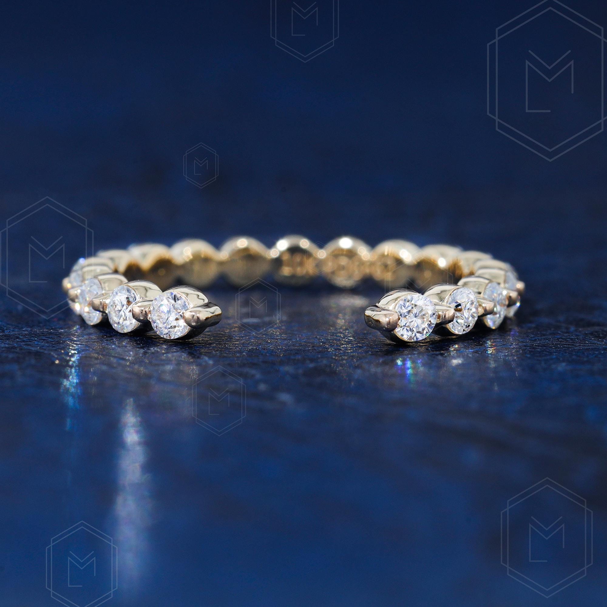 Offener Ehering Farbloser Moissanit Offener Ehering Bubble Prong Set Ring Diamant-Verlobungsring Einzigartiger 14k Goldring Zierliches BandGeschenk