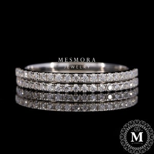 Halbe Ewigkeit Band Set 14k Weißgold Band 1,25 mm Moissanit Diamant Band Jubiläumsband Hochzeitsband Passendes Bandset, Geschenk für Sie