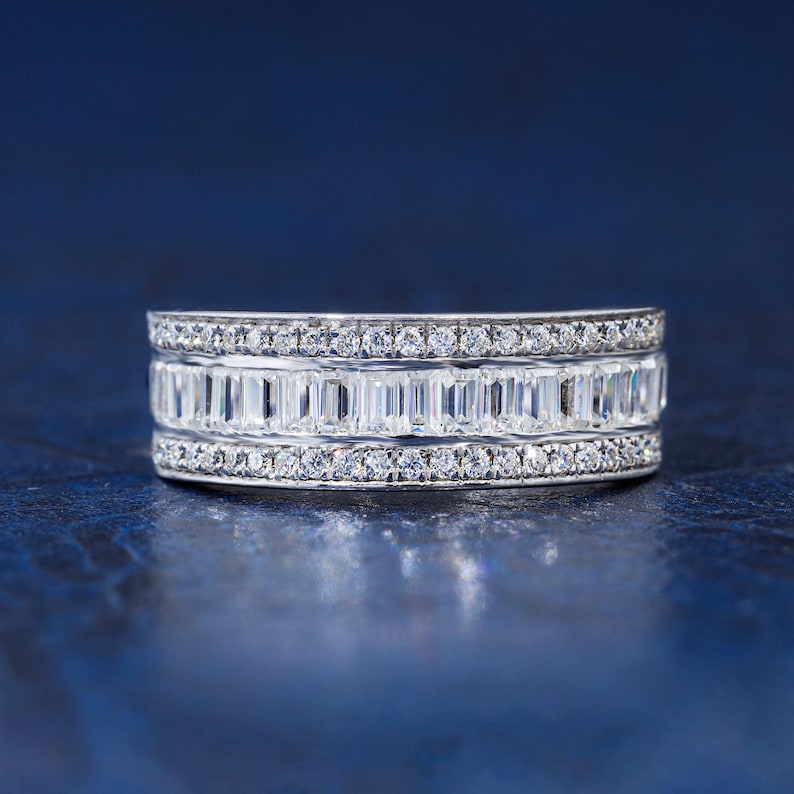 14K Gold Wedding Baguette Ring Moissanite Round Diamond Ring Half ...