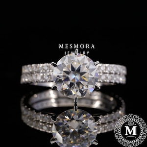 Moissanite Wedding Bridal Ring Set Micro Pave Full Eternity Moissanite Wedding Band 14K Solid Gold Round Moissanite Solitaire Ring Set