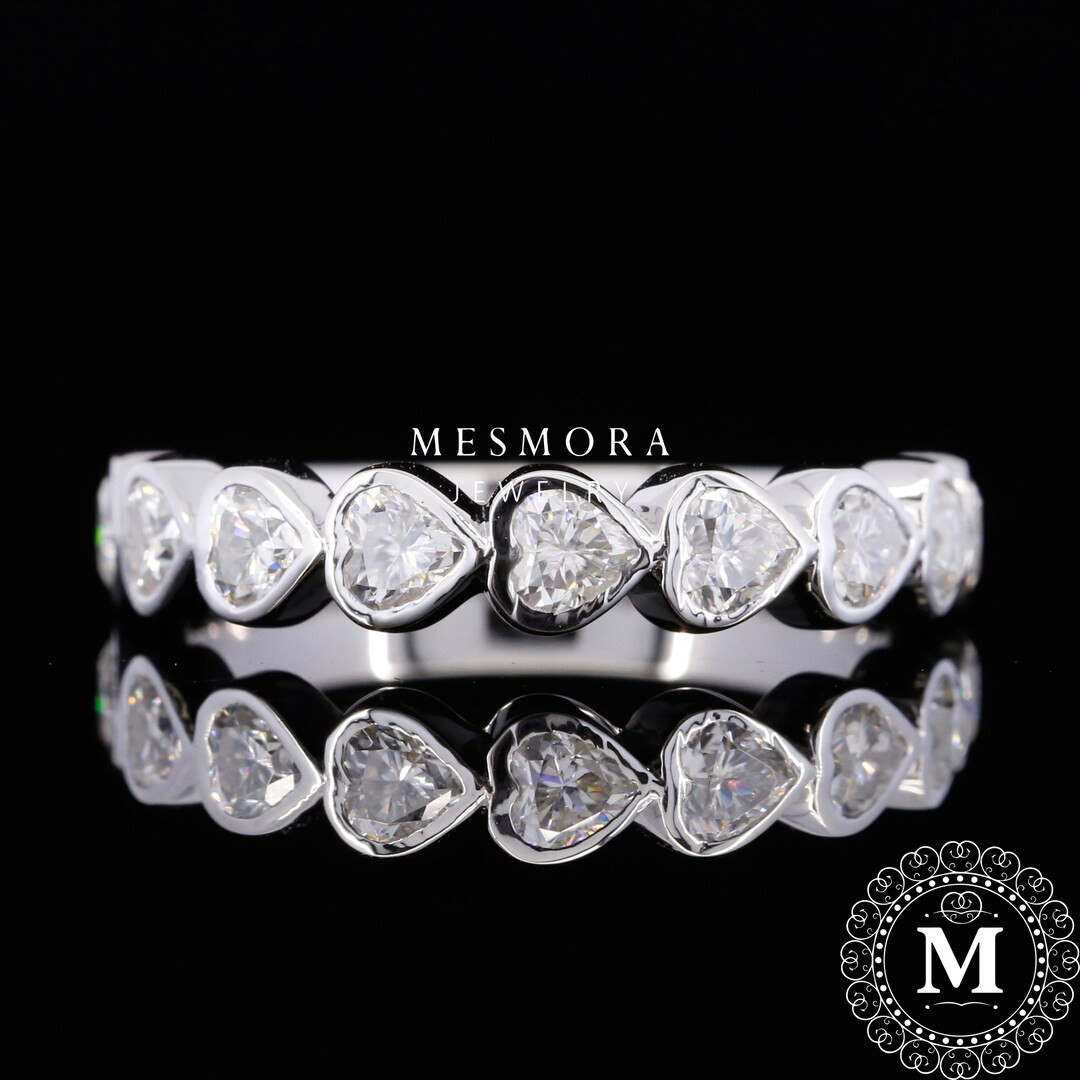 Bezel Set Heart Ring Moissanite Band Half Eternity Wedding Band Sacred ...