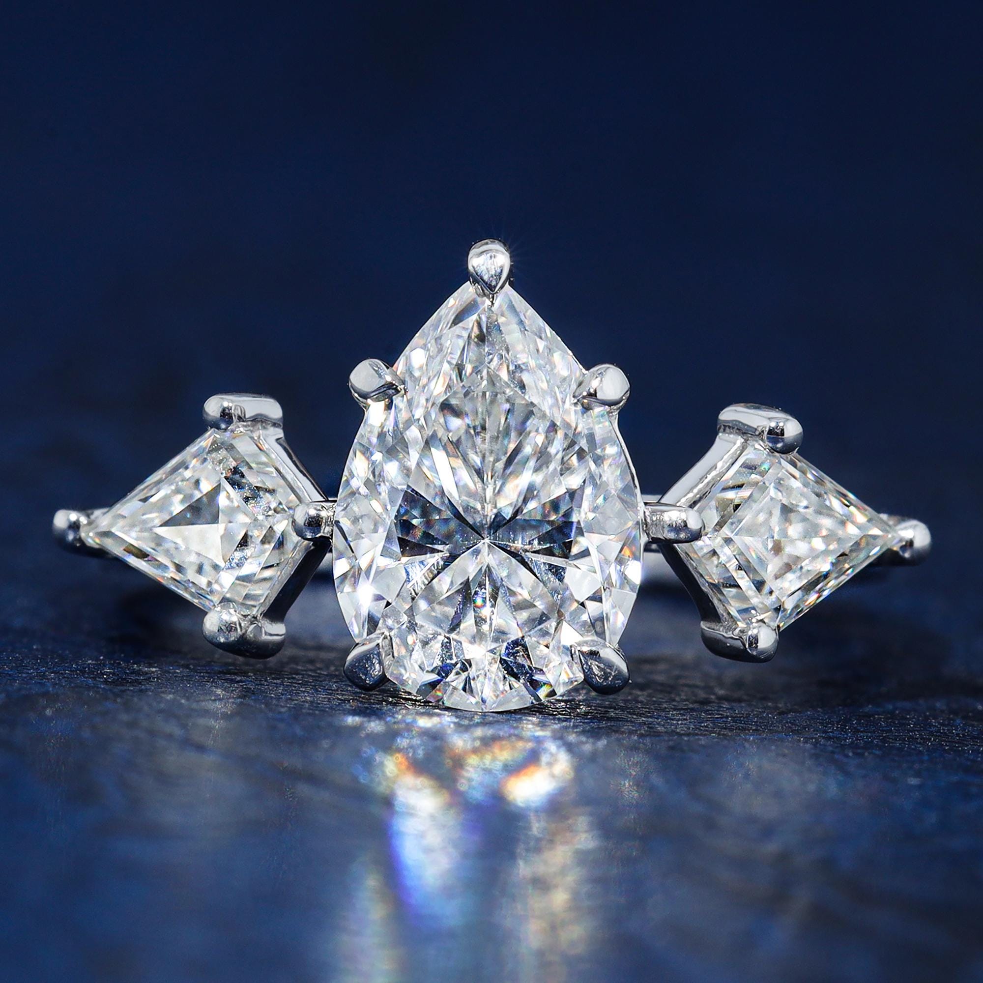 Solid Gold Three Stone Pear Cut Moissanite Engagement Ring Side Kite ...