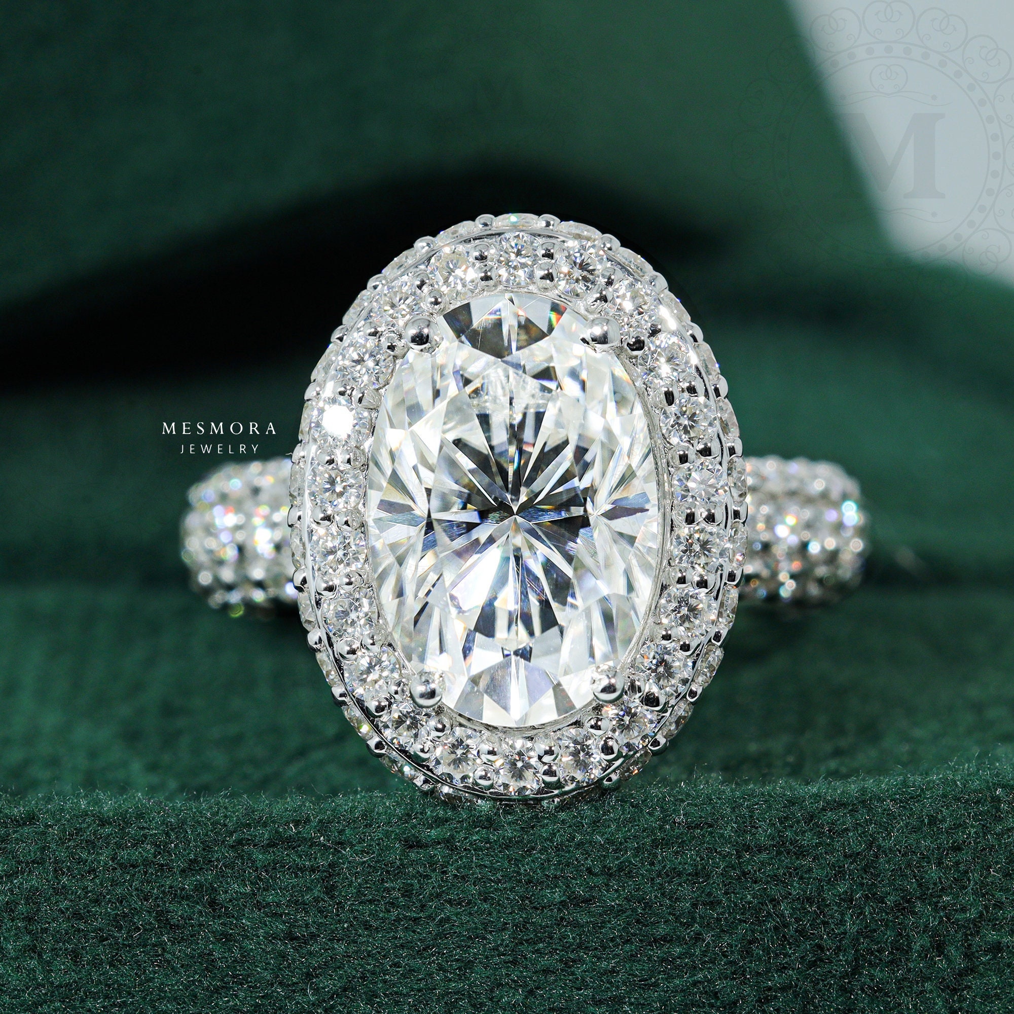 3.5 CT Oval Cut Moissanite Engagement Ring Moissanite Oval Three Side Pave Engagement Ring Moissanite Hidden Halo Wedding Proposal Ring