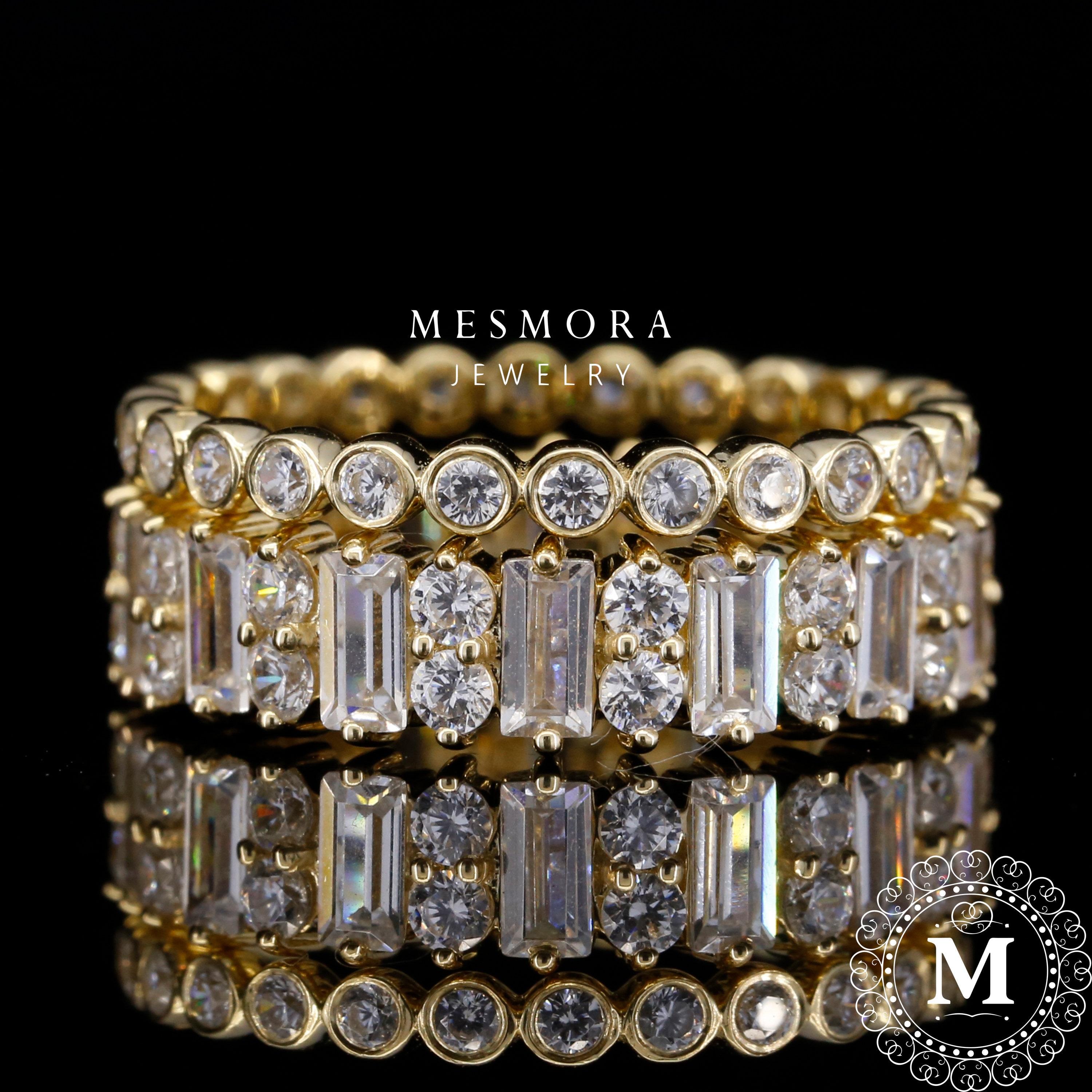 Baguette Diamond Wedding Band Round Cut Bezel Set Band Thick Band Set ...