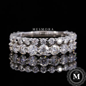 Moissanite Round Cut Wedding Band Set of 3MM & 2MM, 3/4 Eternity Matching Bridal Band Set, Anniversary Gift for Her, Stackable Ring For Wife