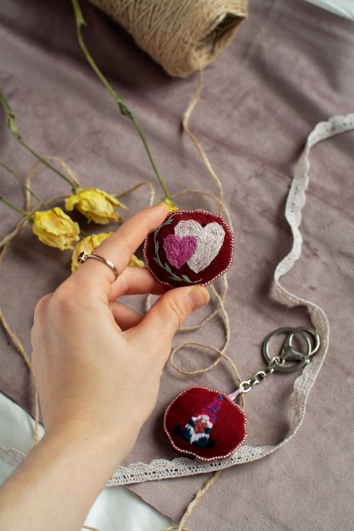 Red Valentines Keychain with Hearts Embrodiery Cute Keychain Etsy