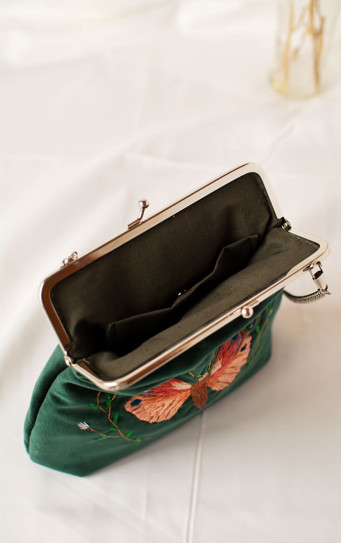 green velvet clutch bag