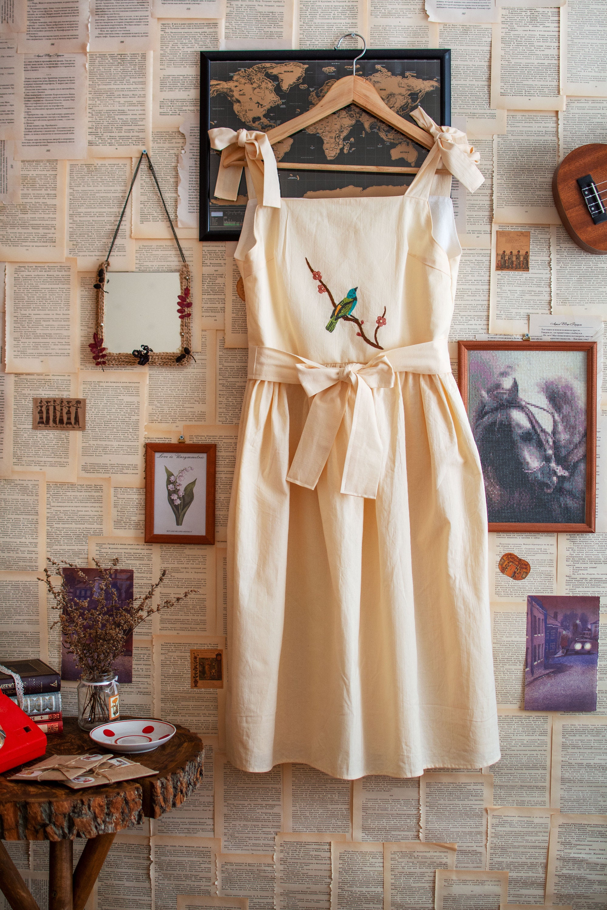 beige pinafore dress