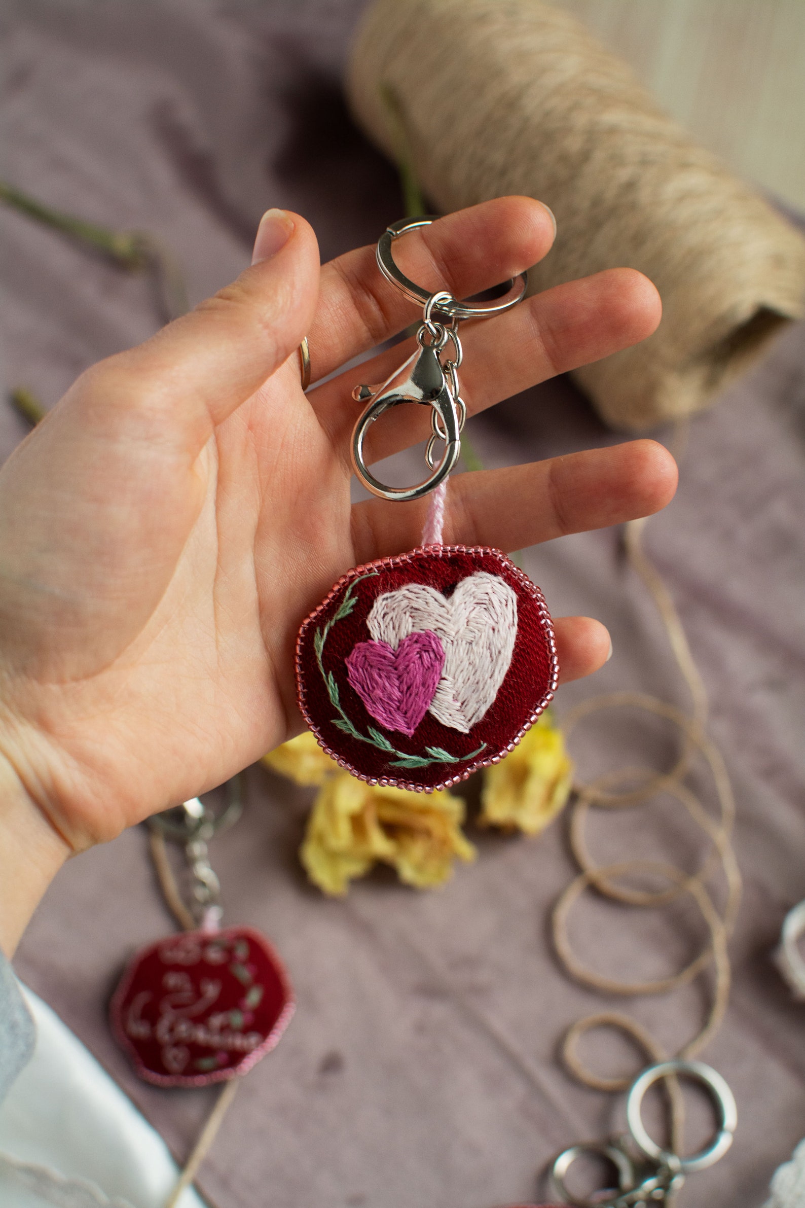Red Valentines Keychain with Hearts Embrodiery Cute Keychain Etsy
