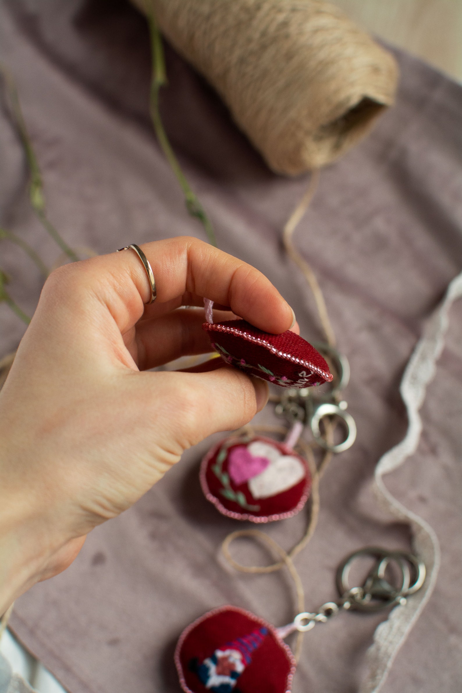 Red Valentines Keychain with Hearts Embrodiery Cute Keychain Etsy