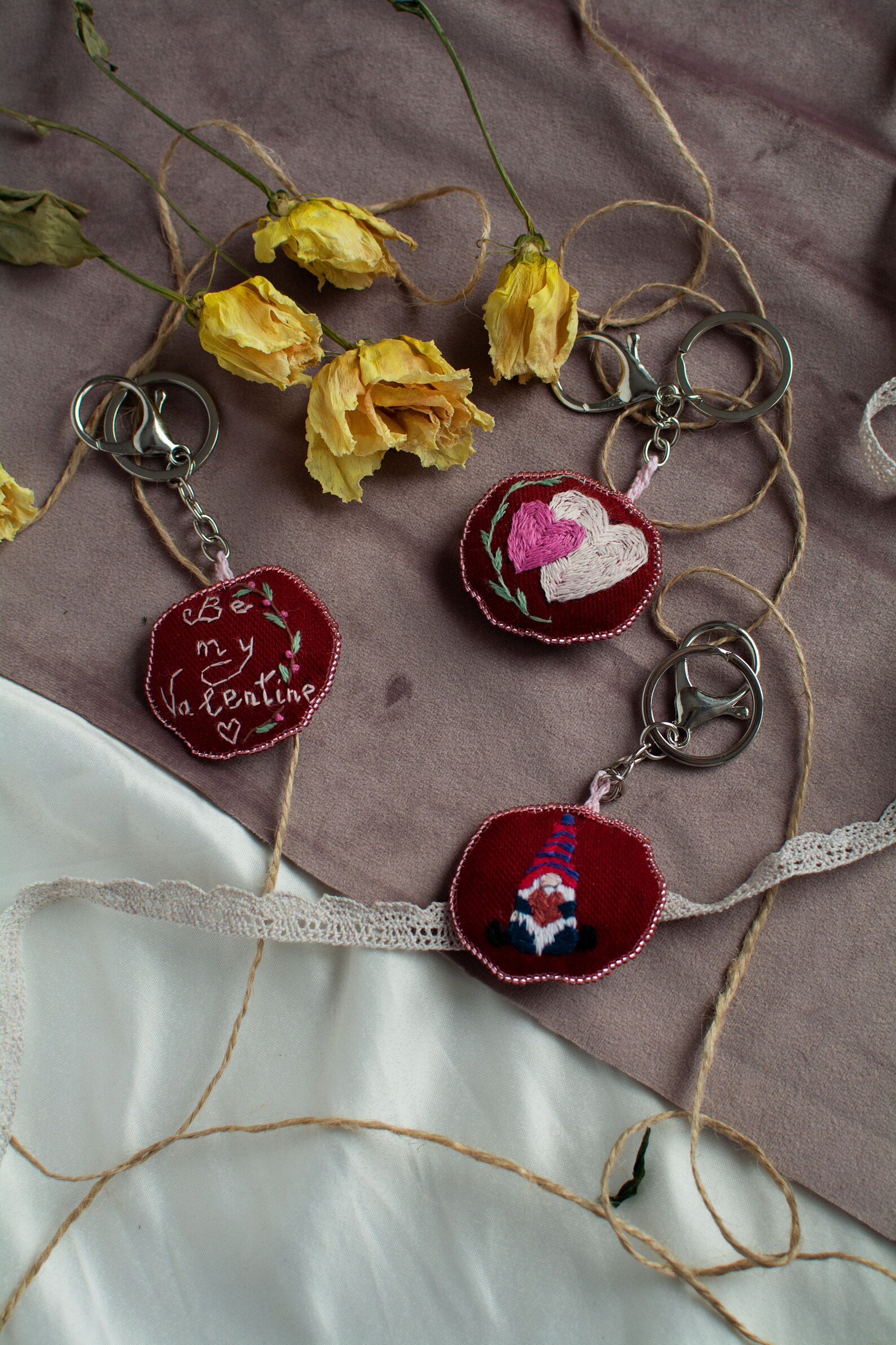 Red Valentines Keychain with Hearts Embrodiery Cute Keychain Etsy